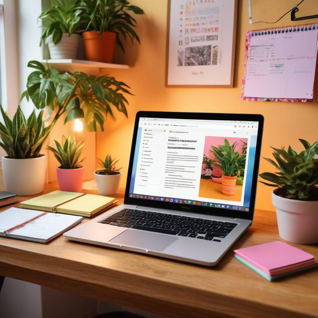 A cozy digital workspace featuring a laptop open to a colorful online diary, surrounded by vibrant stationery, plants, and inspirational quotes pinned on a wall. The scene should convey a sense of creativity and comfort, with warm lighting casting soft shadows. Include hints of technology like a tablet and smartphone nearby. super-realistic. vibrant colors. cozy atmosphere.
