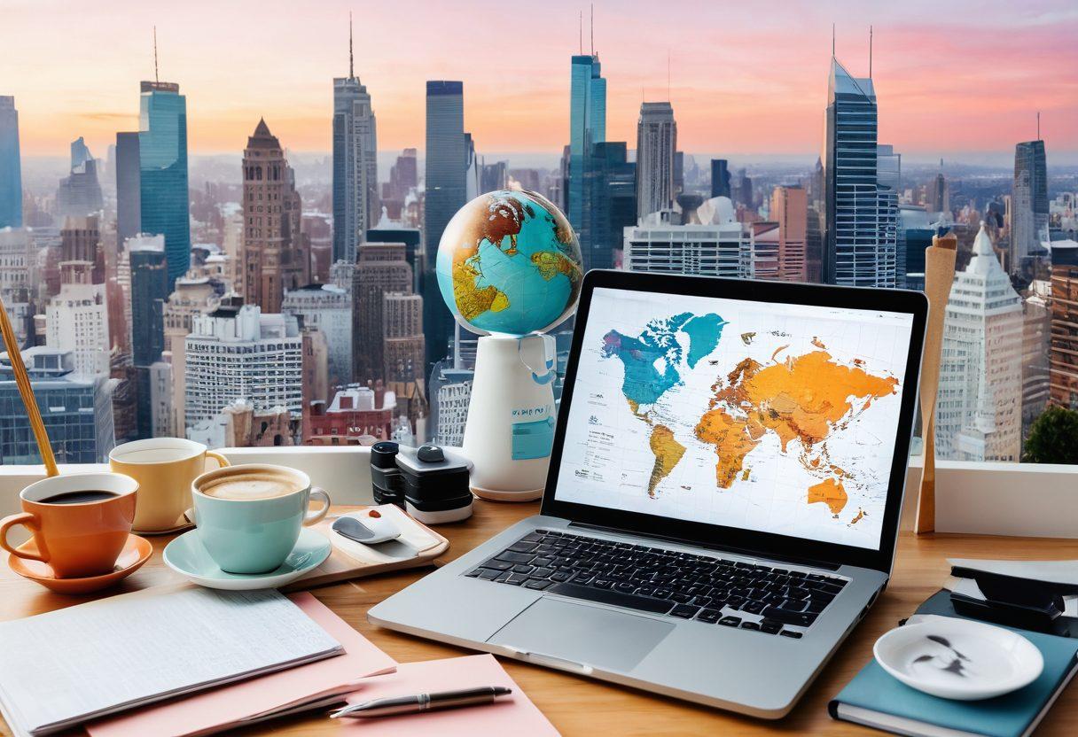 A collage of various blog elements representing lifestyle, travel, and opinion; featuring a laptop with open blog pages, a steaming cup of coffee, stylish stationery, and a globe. The background showcases a soft, dreamy city skyline, merging creativity and technology. Bright and lively colors to evoke inspiration and diversity. super-realistic. vibrant colors. soft-focus.