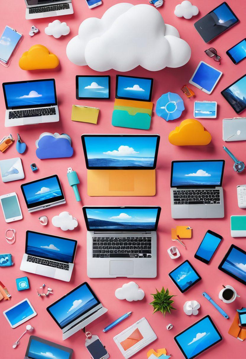 A colorful collage of digital tools, including laptops, tablets, and cloud storage icons, representing an online diary. In the background, a serene landscape with subtle hints of nature and technology blending together, showcasing the harmony between the digital and physical worlds. Illuminate the scene with soft, inviting light to evoke a sense of exploration and creativity. Vibrant colors. 3D.